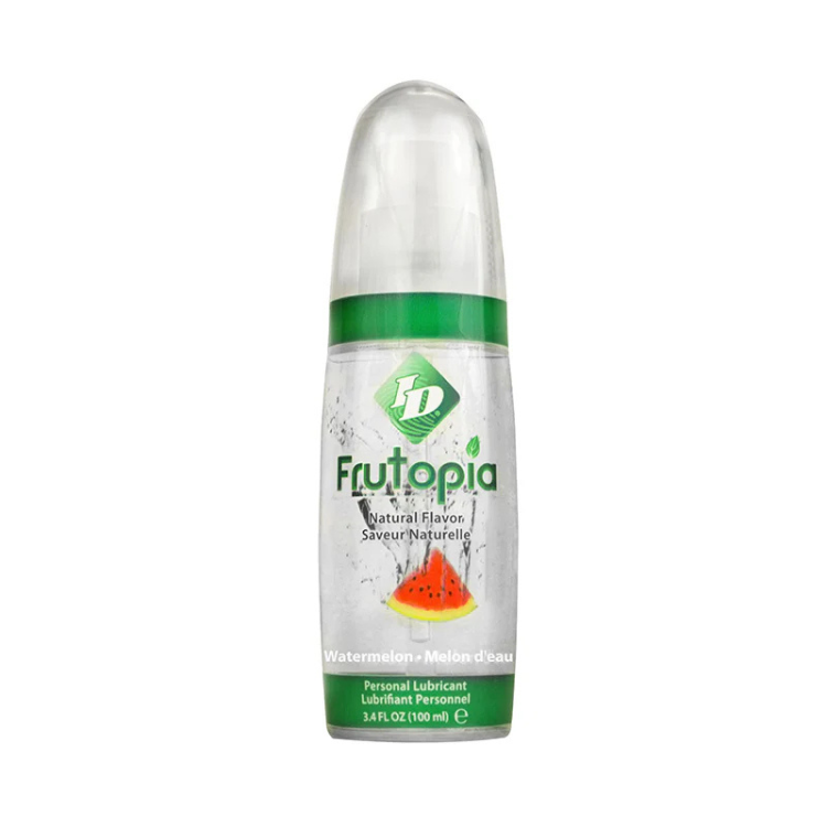 Clear bottle of watermelon flavored personal lubricant, 3.4 fl oz, with green label.