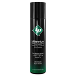 Black bottle of ID Millennium Long Lasting pure silicone lubricant, 17 oz size, upright on white background.