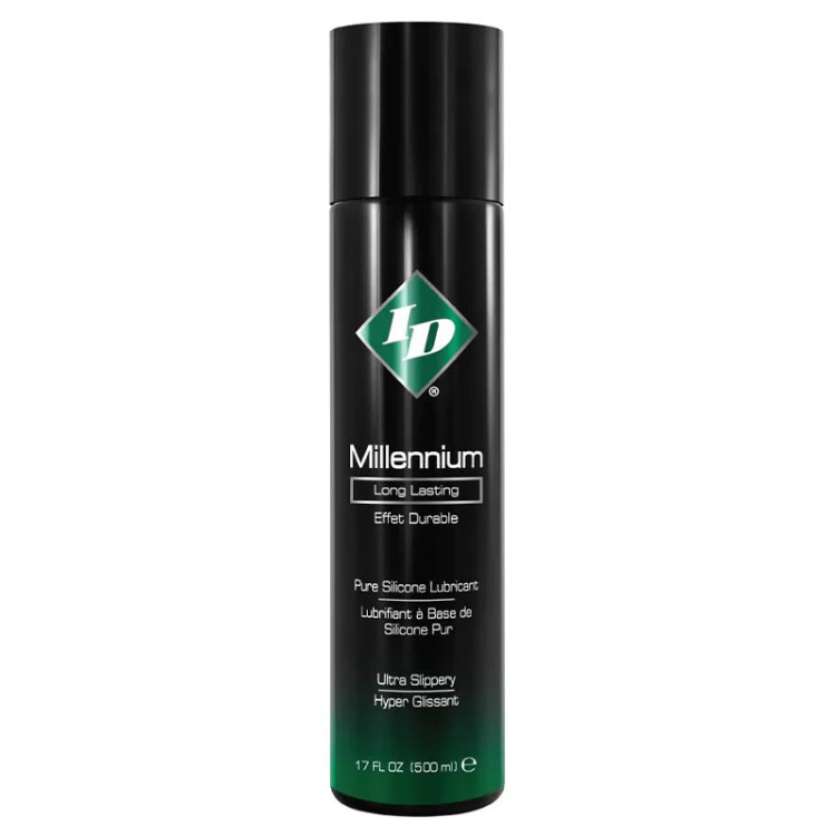 Black bottle of ID Millennium Long Lasting pure silicone lubricant, 17 oz size, upright on white background.