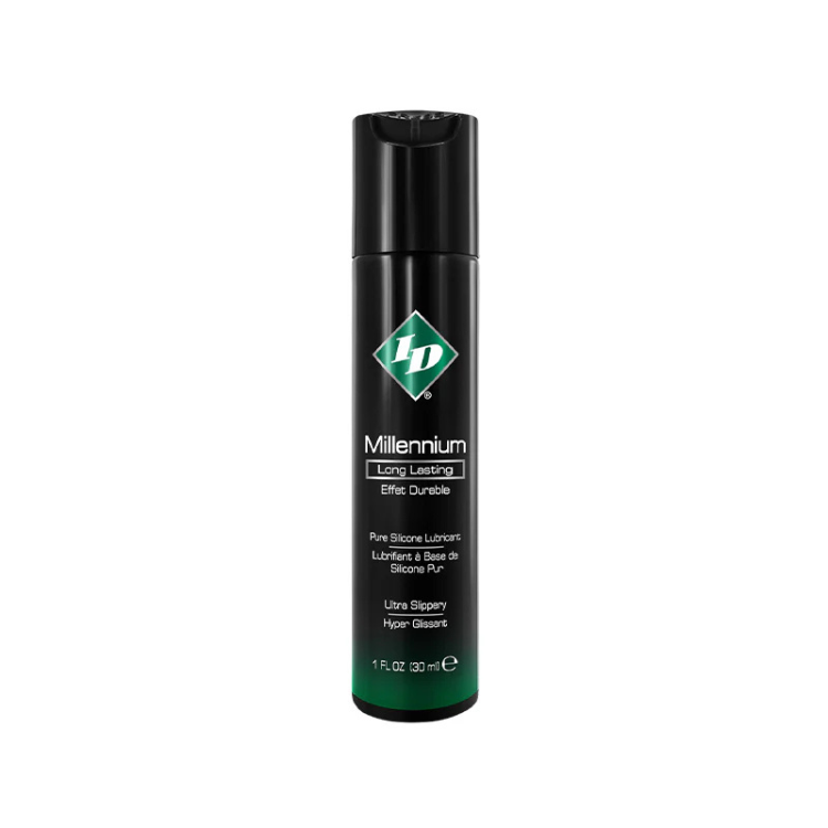 ID Millennium silicone lubricant 1oz black bottle, long-lasting formula, product on white background