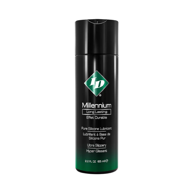 Black 2.2oz bottle of Millennium long-lasting silicone lubricant with green label.