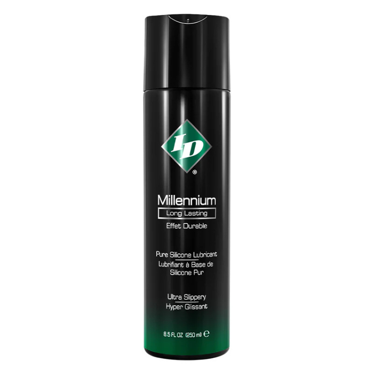 Black 8.5 oz bottle of Millennium long-lasting silicone lubricant with green label.