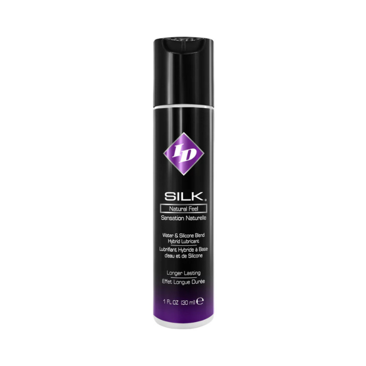 ID Silk Hybrid Lubricant 1 oz bottle with black and purple label, water and silicone blend