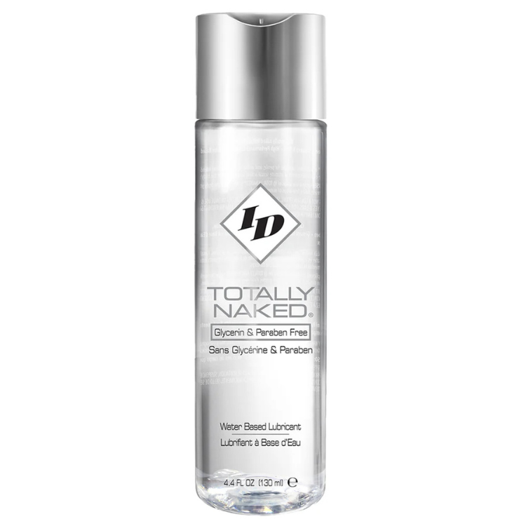 Clear bottle of ID Totally Naked water-based lubricant, 4.4 oz, glycerin and paraben free.