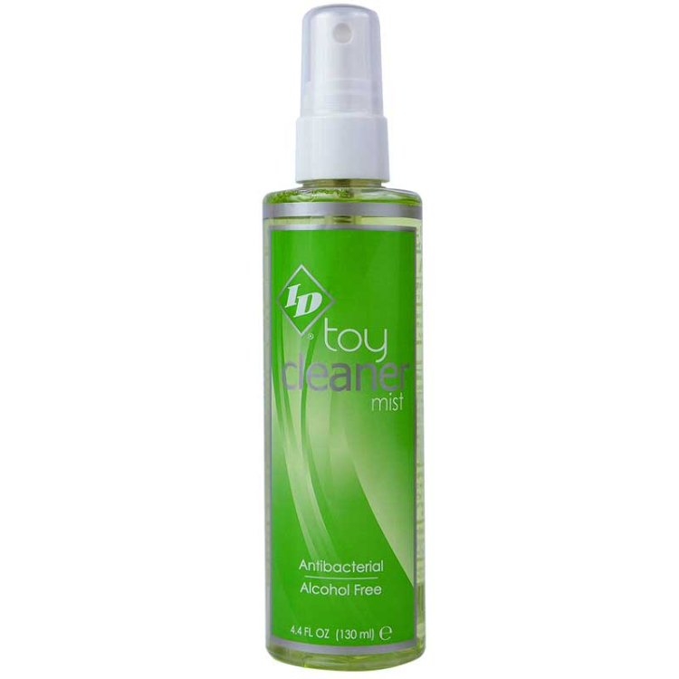 Green bottle of antibacterial, alcohol-free toy cleaner mist with spray nozzle, 4.4 fl oz.