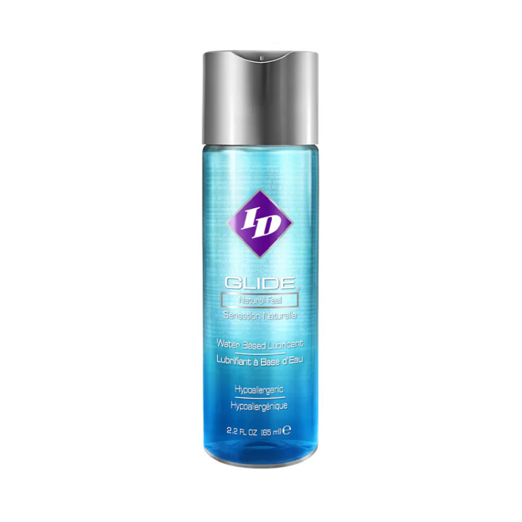 ID Glide 2.2 oz water-based lubricant in a clear blue disc cap bottle