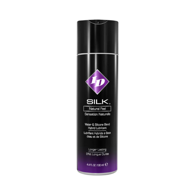 ID Silk Hybrid Lubricant 4.4 oz black bottle, water and silicone blend personal lube