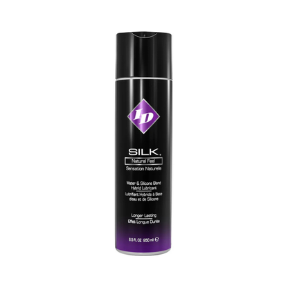 ID Silk Hybrid Lubricant 8.5 oz black bottle, water and silicone blend personal lubricant.