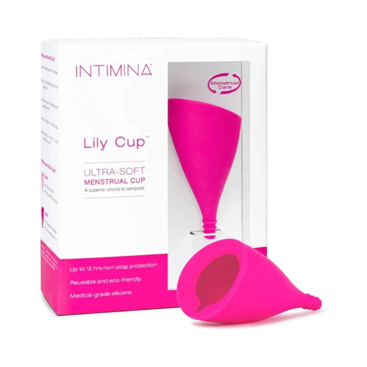 Lelo Lily Cup Ultra-Soft Menstrual Cup in bright pink with packaging