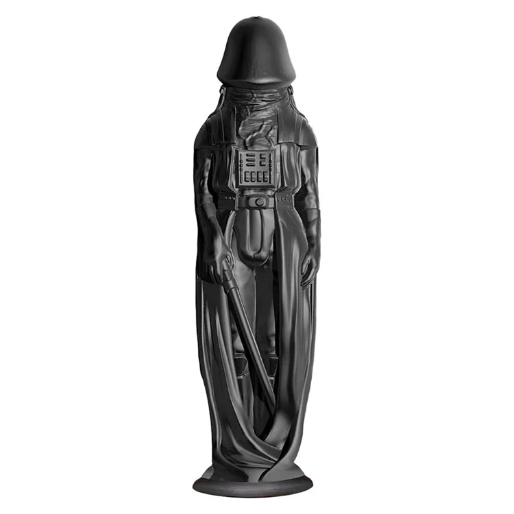 Black Darth Vader-themed adult toy with cape and helmet, standing on base