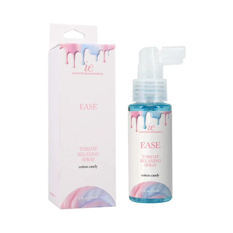 Ease Throat Relaxing Spray cotton candy flavor 2oz bottle with box, blue and pink design