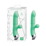 Mint green silicone thrusting pleasure vibe with curved design and box packaging