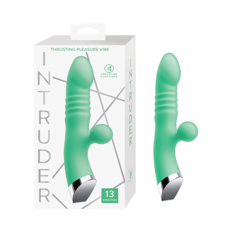 Mint green silicone thrusting pleasure vibe with curved design and box packaging