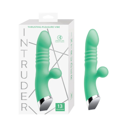 Mint green silicone thrusting pleasure vibe with curved design and box packaging