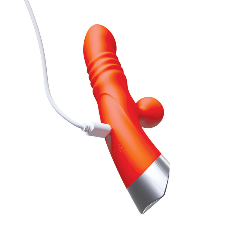 Orange and silver rechargeable personal massager with curved shape and charging cable