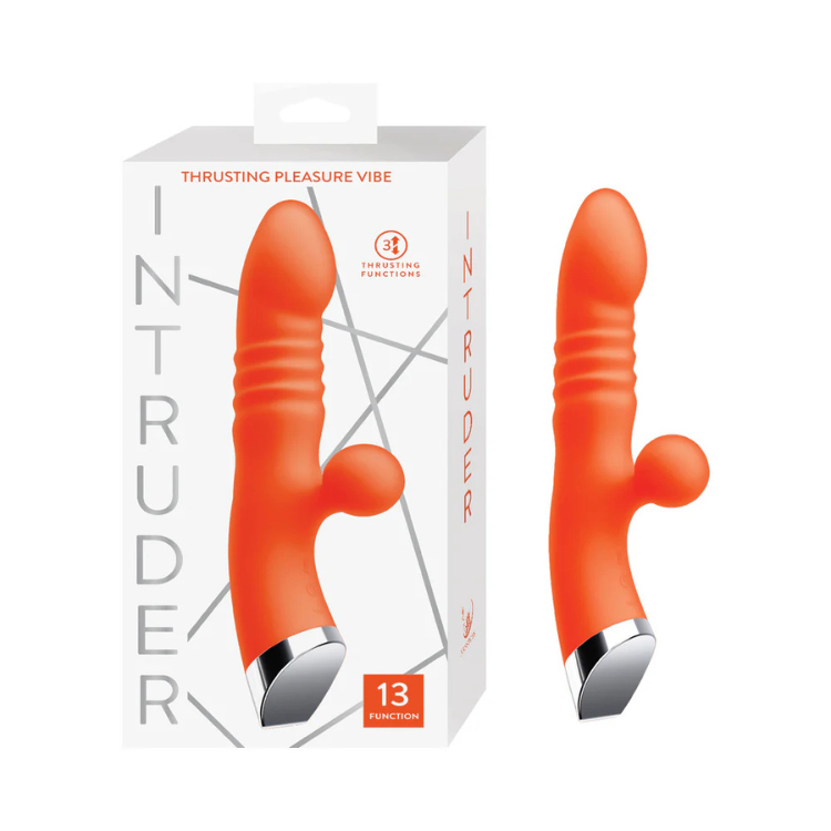 Orange silicone thrusting pleasure vibe with curved design and dual stimulator, shown with packaging.