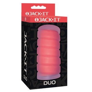 Jack-It Duo pink textured male masturbator in black and red retail packaging