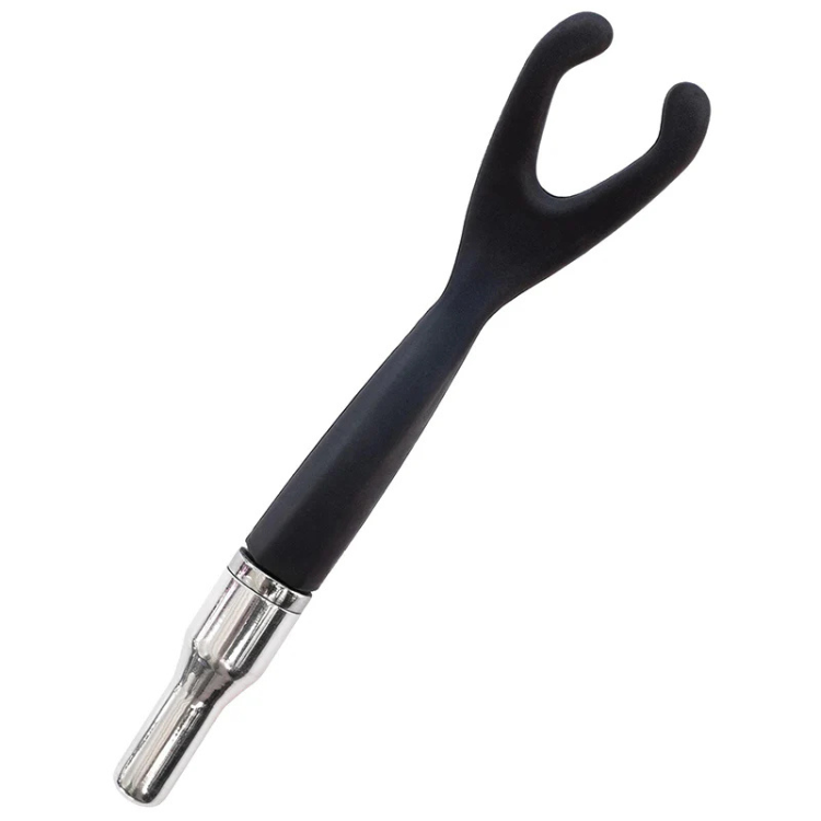 Black silicone and silver dual-prong personal massager from House of Vices wellness store