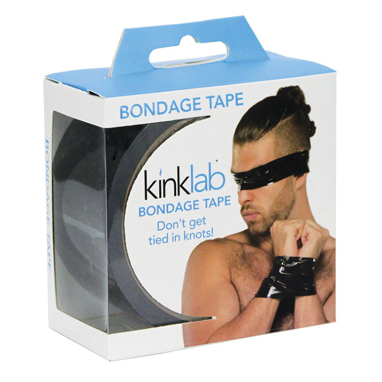 Black bondage tape packaging featuring a person with wrists and eyes wrapped in tape.