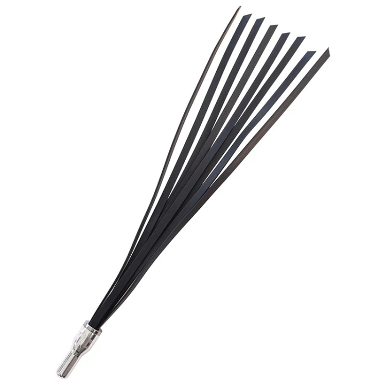 Black electro whip with multiple rubber tails and a silver handle, House of Vices wellness store