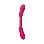 Pink silicone dual-ended vibrator with curved ergonomic design on white background