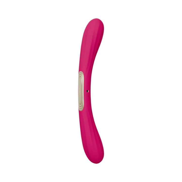 Pink silicone dual-ended vibrator with curved ergonomic design on white background