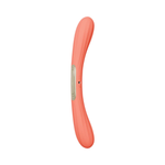 Curved coral silicone personal massager with central control panel, isolated on white background