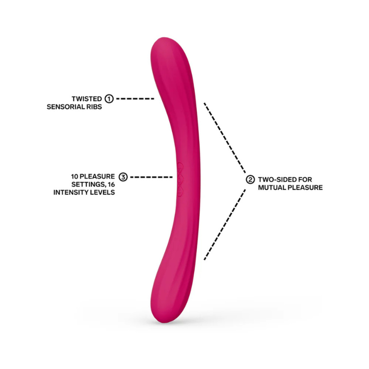 Pink dual-ended adult toy with curved shape, sensorial ribs, and multiple intensity settings.