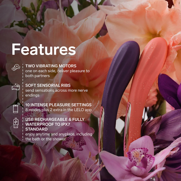 Two colorful silicone vibrators with floral background, product features listed beside them.