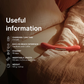 Red dual-ended adult toy with ergonomic shape on a beige bed, product info overlayed.