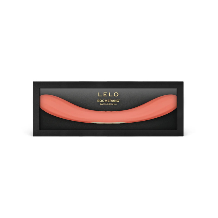 Coral LELO BOOMERANG dual-ended vibrator in black display box, modern adult wellness toy