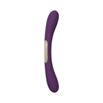 Curved purple silicone personal massager with beige control panel on white background