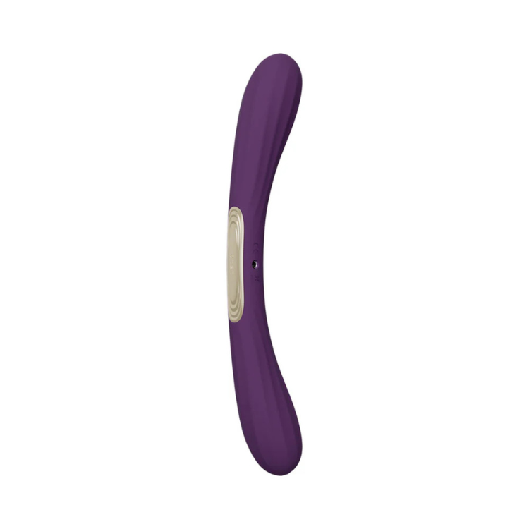 Curved purple silicone personal massager with beige control panel on white background
