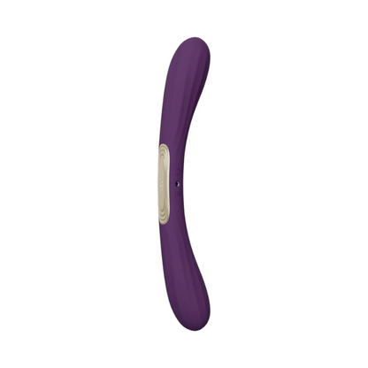 Curved purple silicone personal massager with beige control panel on white background