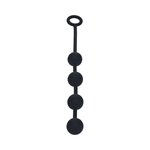 Black silicone anal beads with four round balls and a loop handle on white background