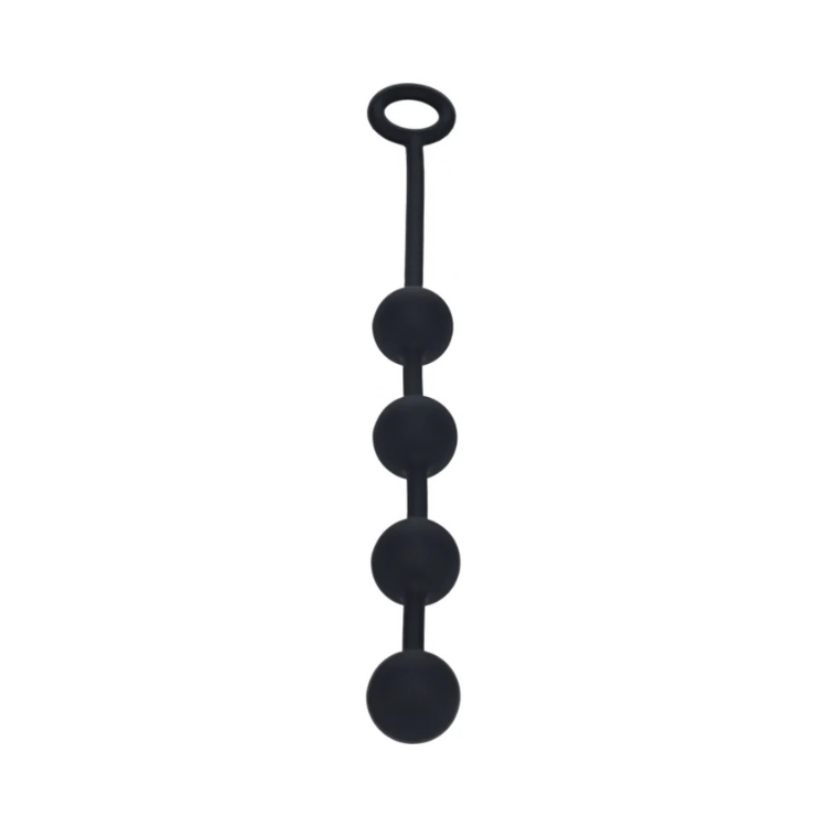 Black silicone anal beads with four round balls and a loop handle on white background