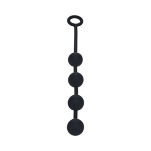 Black silicone anal beads with four round balls and a loop handle on white background