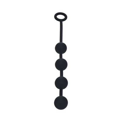 Black silicone anal beads with four round balls and a loop handle on white background