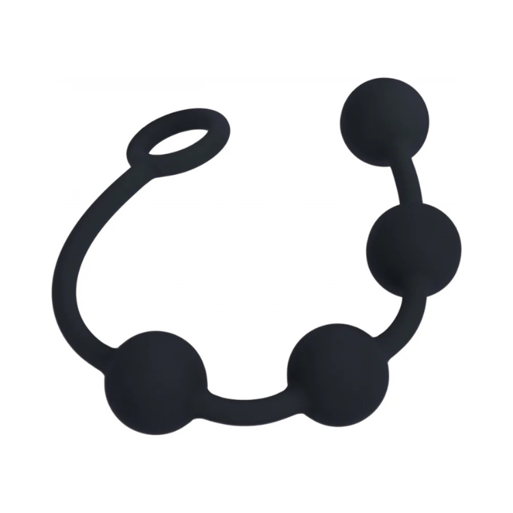 Black silicone anal beads with medium-sized round balls and loop handle on white background