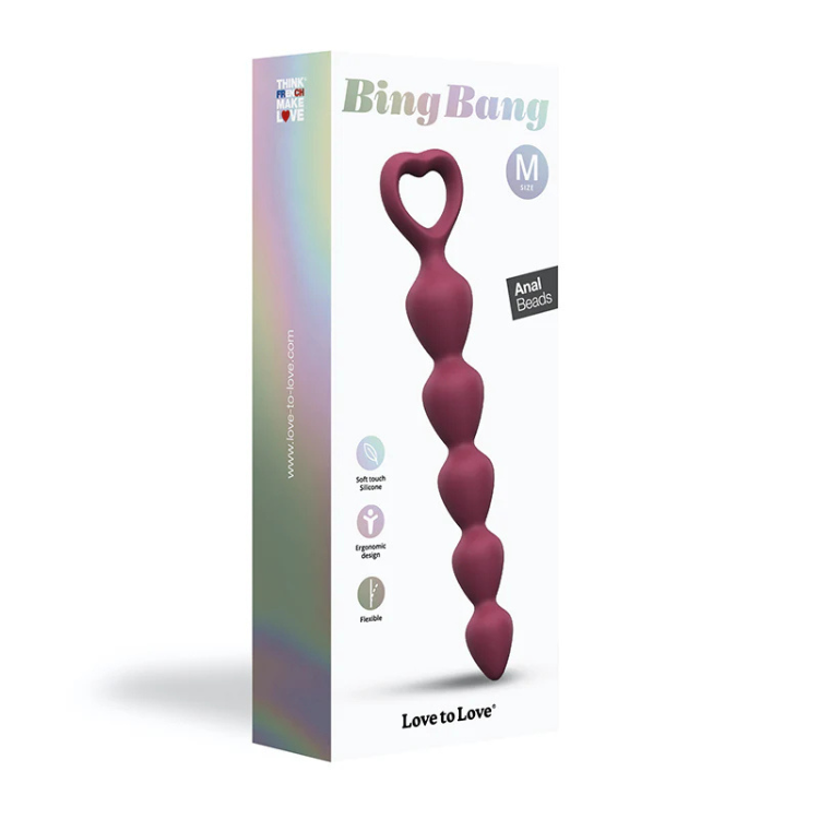 Love to Love Bing Bang silicone beads in prune color, product box on House of Vices wellness store