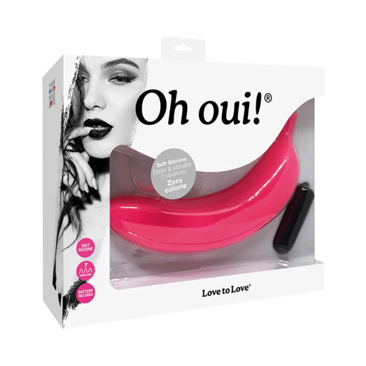 Love to Love Oh Oui pink silicone banana-shaped wellness toy in retail packaging