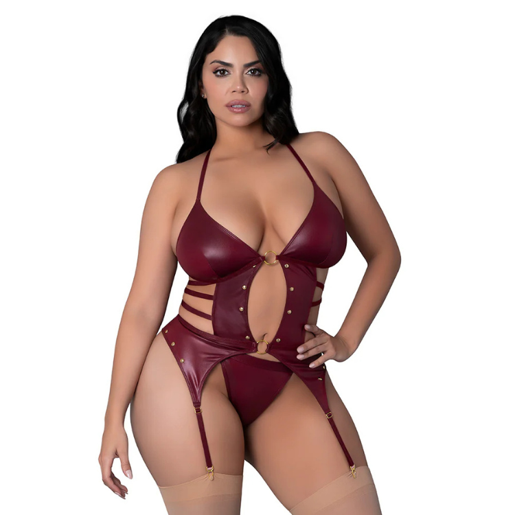 Lust Fetish Kira Burgundy Basque Set - House of Vices 