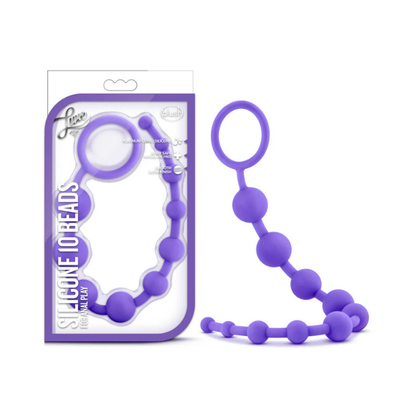 Purple silicone 10 bead strand with retrieval loop, shown in package and outside.