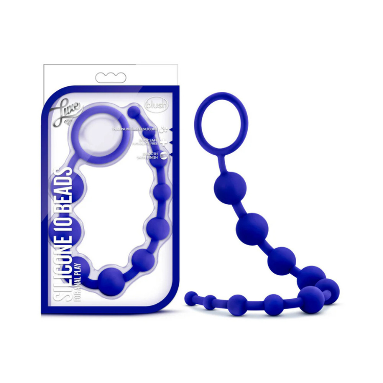 Blue silicone 10-bead set with retrieval ring, displayed beside clear packaging.