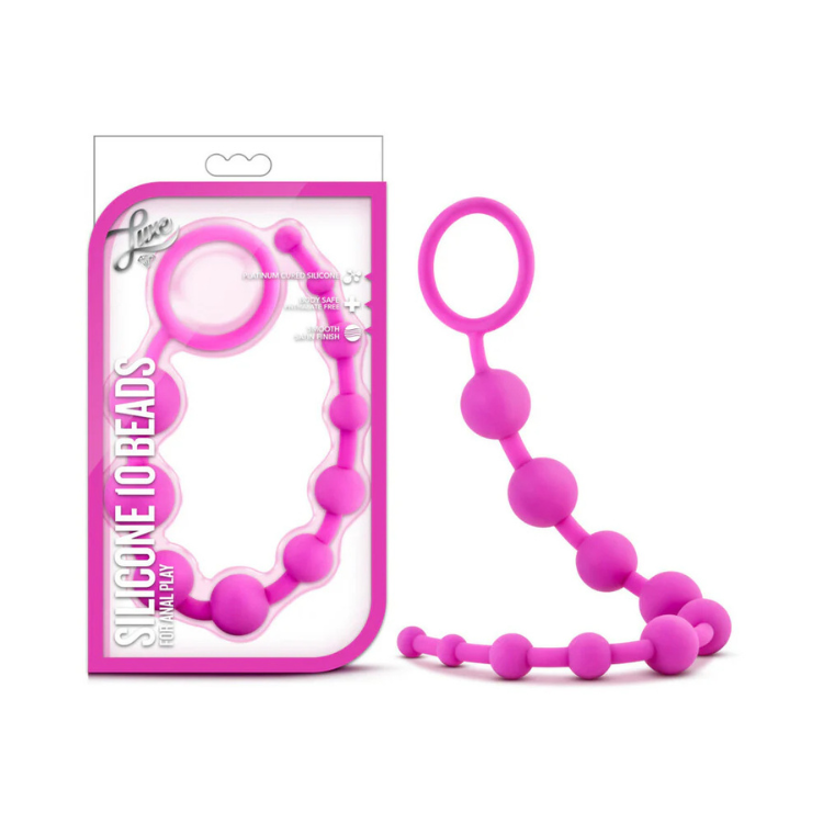 Pink silicone 10 bead set with retrieval ring, body-safe, smooth finish, in retail packaging