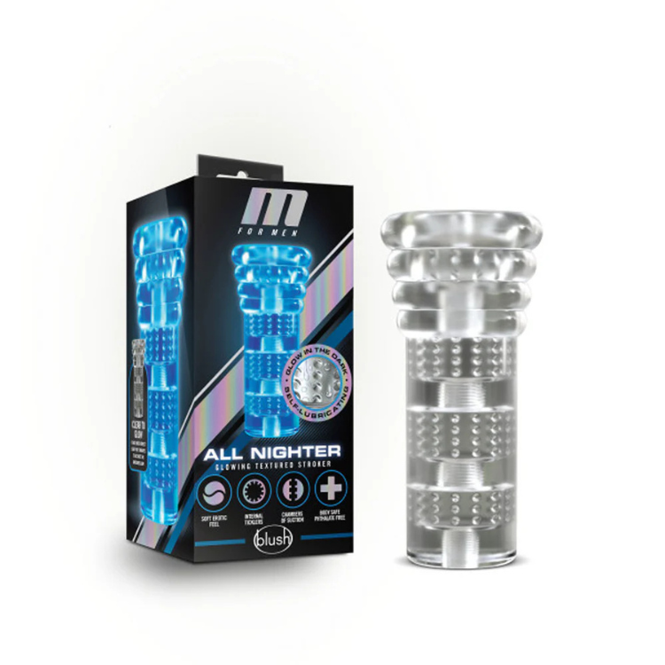 Clear glow-in-the-dark textured stroker next to its package, sex wellness product for men.