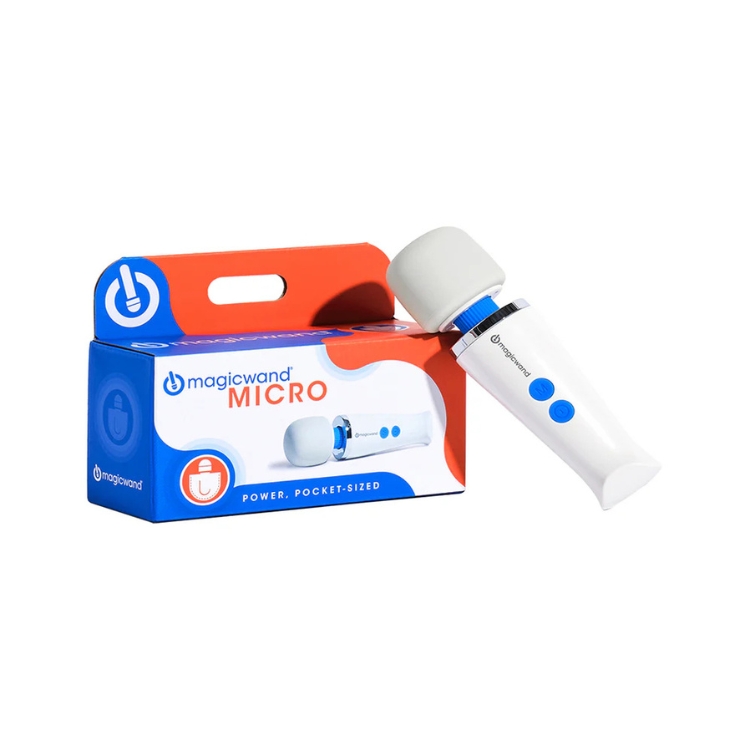 Rechargeable white and blue Magic Wand Micro massager with product packaging