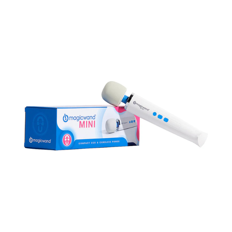 Magic Wand Mini rechargeable white massager with blue buttons next to product box