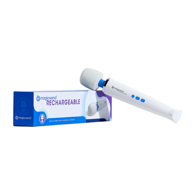 Rechargeable personal massager with white handle and blue buttons next to product box