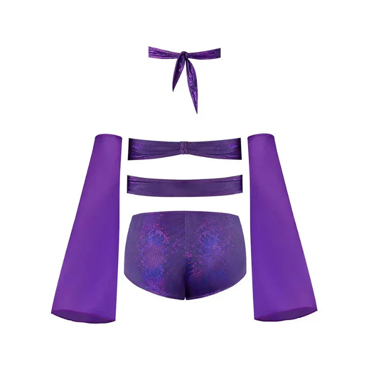 Magic_Silk_Glimmer_Wrap_Bralette_Booty_Shorts_Sleeve_Set_Purple_Disco_3 - House of Vices 